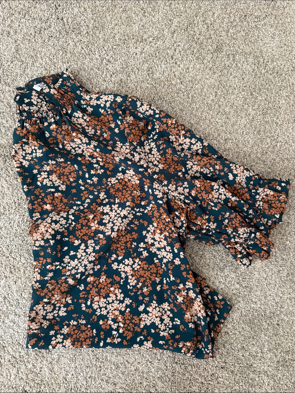 Mock-Neck Floral Tunic Blouse in Teal and Rust